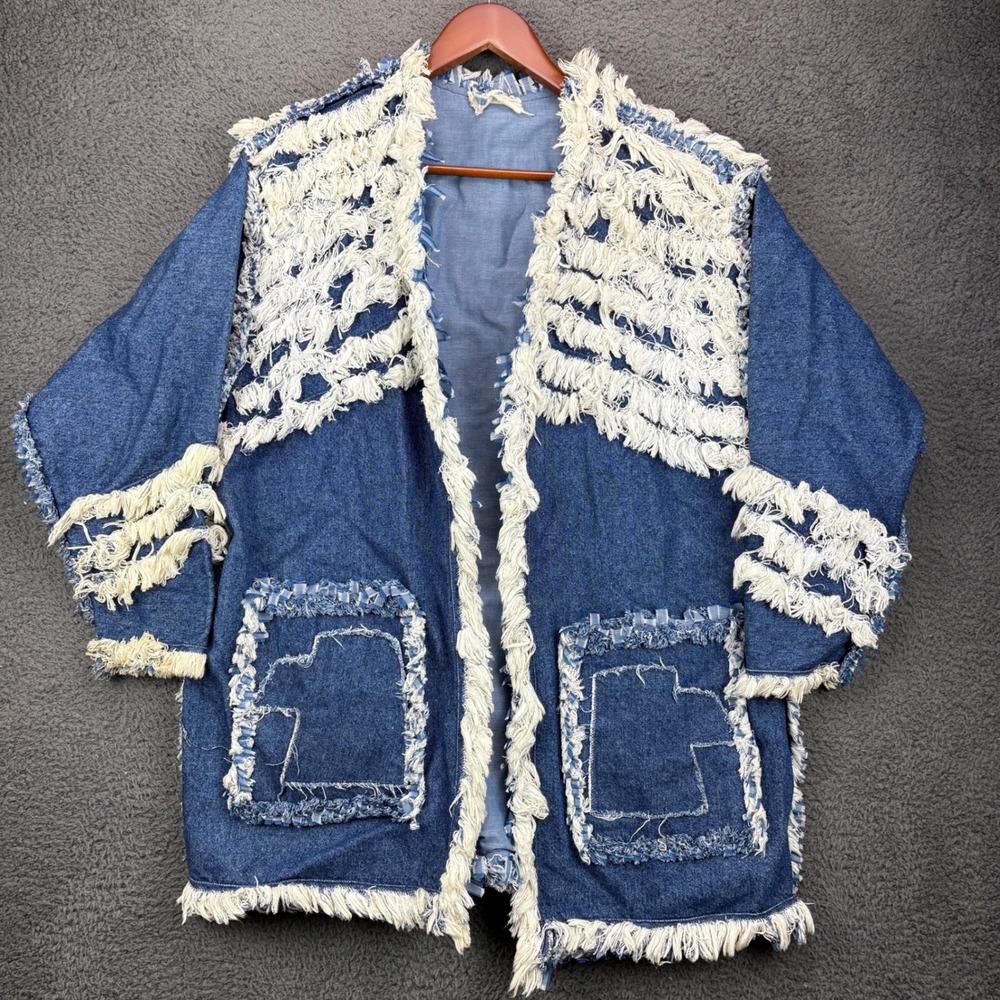 Designs by Joyce Blue Denim Thunderbird Fringed Jacket Women Medium Western Boho